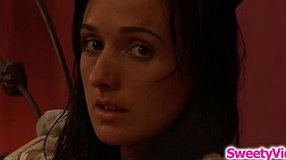 lesbian milf grinds tribs small tits brunette gf's shaved pussy to orgasm