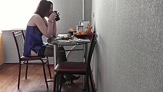 morning coffee in lingerie stockings sexy ass legs 😍