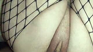 Wife Takes Thick Cock Deep In Her Ass While Fishnets Hug Curves Close Up