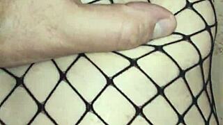 Wife Takes Thick Cock Deep In Her Ass While Fishnets Hug Curves Close Up