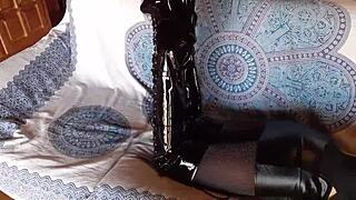 petite milf struts in total black fishnets pantyhose knee-high boots teasing seductively