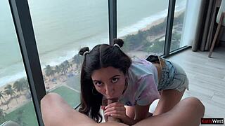 Skinny pigtail teen footjob winner gets creampie after public game sex