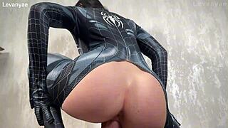 Spider Girl Shoves Huge Dildo Deep in Gaping Pussy!