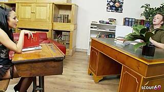 big boobs teacher romana ryder bends over desk for co-worker's huge cock in classroom