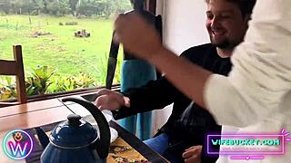 early morning milf wakes hubby with sloppy homemade blowjob in kitchen