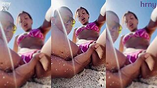 Sexy Tanned Latina Coed's Shaved Pussy Fingered to Orgasm on Crowded Spring Break Beach