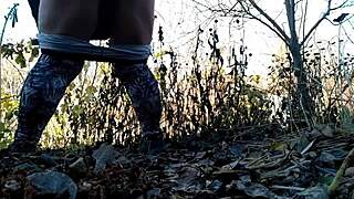 chubby mature milf squats in nature unleashing her hairy wet pussy magic