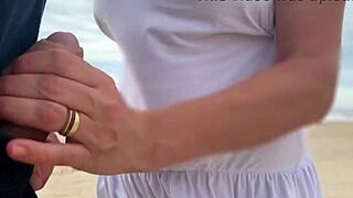 Busty Stranger Milf Strokes Monster Cock to Gushing Cumshot Before Public Crowd