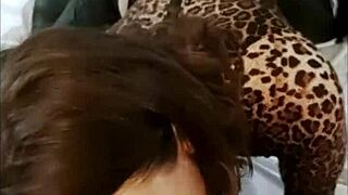 french milf deepthroats in red satin bodysuit black leather heels pov doggystyle rimming