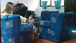 Voyeur Spies on Latina Stepsis Fucking Boyfriend Doggystyle in Living Room