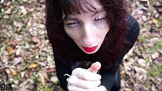 pregnant italian babe with red lipstick leads you to forest for deep cock sucking session