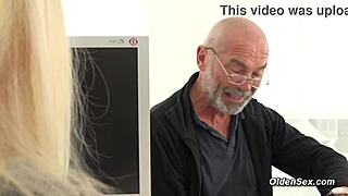 Grandpa can't resist slamming horny blonde teen secretary doggystyle in his office now!