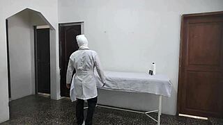 perverted doctor bends over his mature latina patient doggystyle while her clueless husband waits outside the office