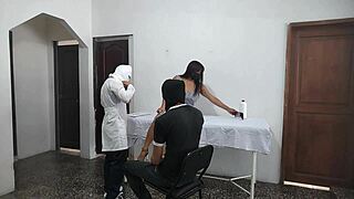 perverted doctor bends over his mature latina patient doggystyle while her clueless husband waits outside the office