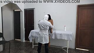 perverted doctor bends over his mature latina patient doggystyle while her clueless husband waits outside the office