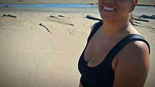 fetish sweat lick armpits and salty pussy on beach with big natural tits bouncing