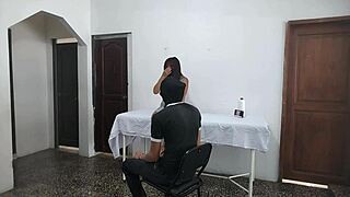 perverted doctor bends over his mature latina patient doggystyle while her clueless husband waits outside the office