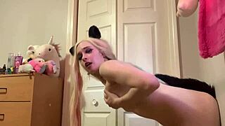 Skinny teen vibes tight pussy on dildo while buttplug stretches her narrow ass