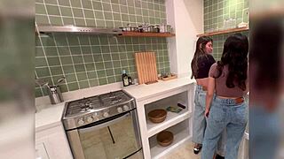 my stepmom licks wet pussy while preparing food in kitchen fingering horny latina