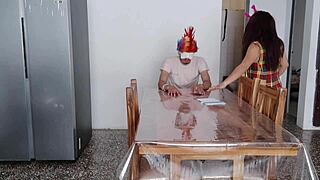 A sexy maid flashes her natural big tits fulfilling his home fetish