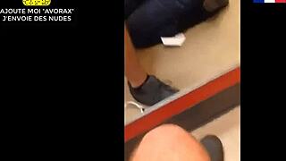 French amateur slut takes messy facial in public fitting room booth