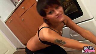 Neighbor, don't you love watching this milf wife strip out of her tight jean miniskirt and panties?