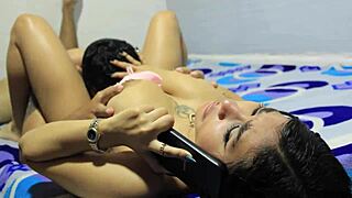 boyfriend clueless on phone as big tit latina takes pounding outdoors