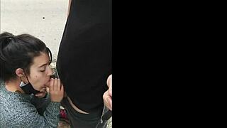 hot brunette gags on dick flashing public outdoor deepthroat suck!