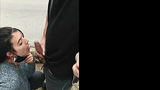 hot brunette gags on dick flashing public outdoor deepthroat suck!