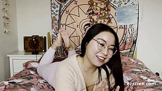 omg this cute chinese girl with glasses was over the moon makin her first masturbation vid for ersties