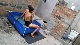 athletic indian and curvy latina flash sensual bodies poolside