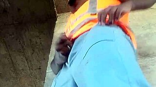 worker sneaks public outdoor masturbation strokes big cock on construction site