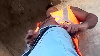 worker sneaks public outdoor masturbation strokes big cock on construction site