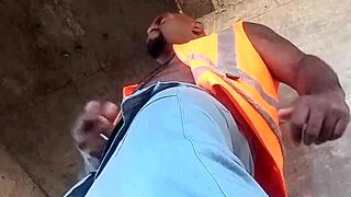 worker sneaks public outdoor masturbation strokes big cock on construction site