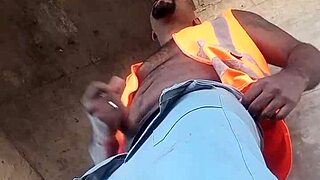 worker sneaks public outdoor masturbation strokes big cock on construction site