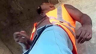 worker sneaks public outdoor masturbation strokes big cock on construction site
