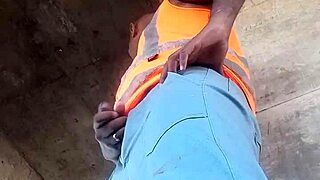 worker sneaks public outdoor masturbation strokes big cock on construction site