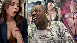 suggestive big breast girl humps bed while salary worker eyes her smooth curves on subway