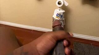 Watch him stroke that huge black monster cock until thick pre-cum drips everywhere