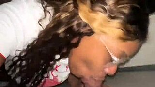 juicy ebony bbw throats stranger bbc deep at glory hole handjob suck