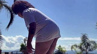 Chubby Ebony Curves Fart Wildly by Poolside Splash