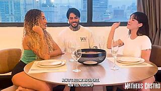 challenged brunette brazilian friends to threesome sex game in apartment