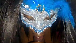 Masked ebony teases with deep blowjob before swallowing hot load