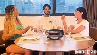 challenged brunette brazilian friends to threesome sex game in apartment