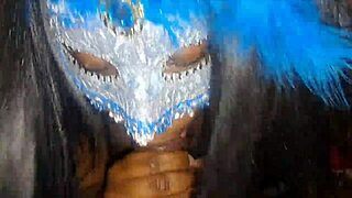Masked ebony teases with deep blowjob before swallowing hot load
