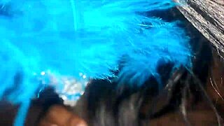 Masked ebony teases with deep blowjob before swallowing hot load