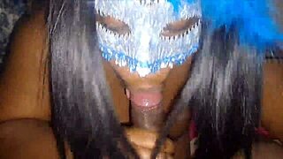 Masked ebony teases with deep blowjob before swallowing hot load