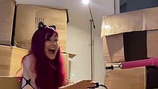 Red Haired Teen Beauty Strips Slowly Then Readies Dildo Machine for Tight Pussy Play