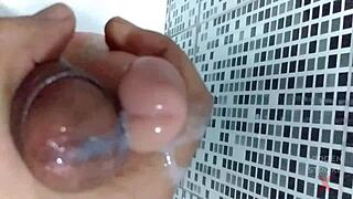 guy breaks condom dives into sex toy pleasure for wild male masturbation and huge cumshot