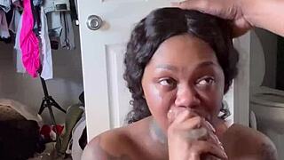 ebony babe licks balls sloppy blows big black cock to facial